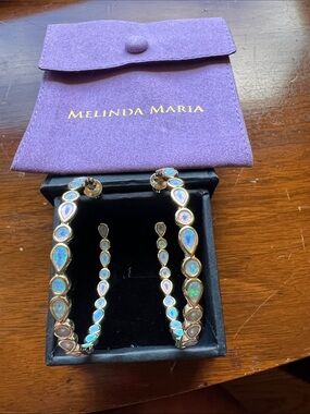 Melinda Maria Gold Hoop Earrings with Iridescent Blue Opal Inlay